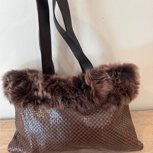Falor Brown Woven Fur Trimmed suede interior Checkered leather Tote Bag